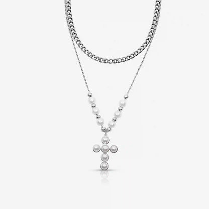 Pearly Blessing  Cross Double Layered Necklace