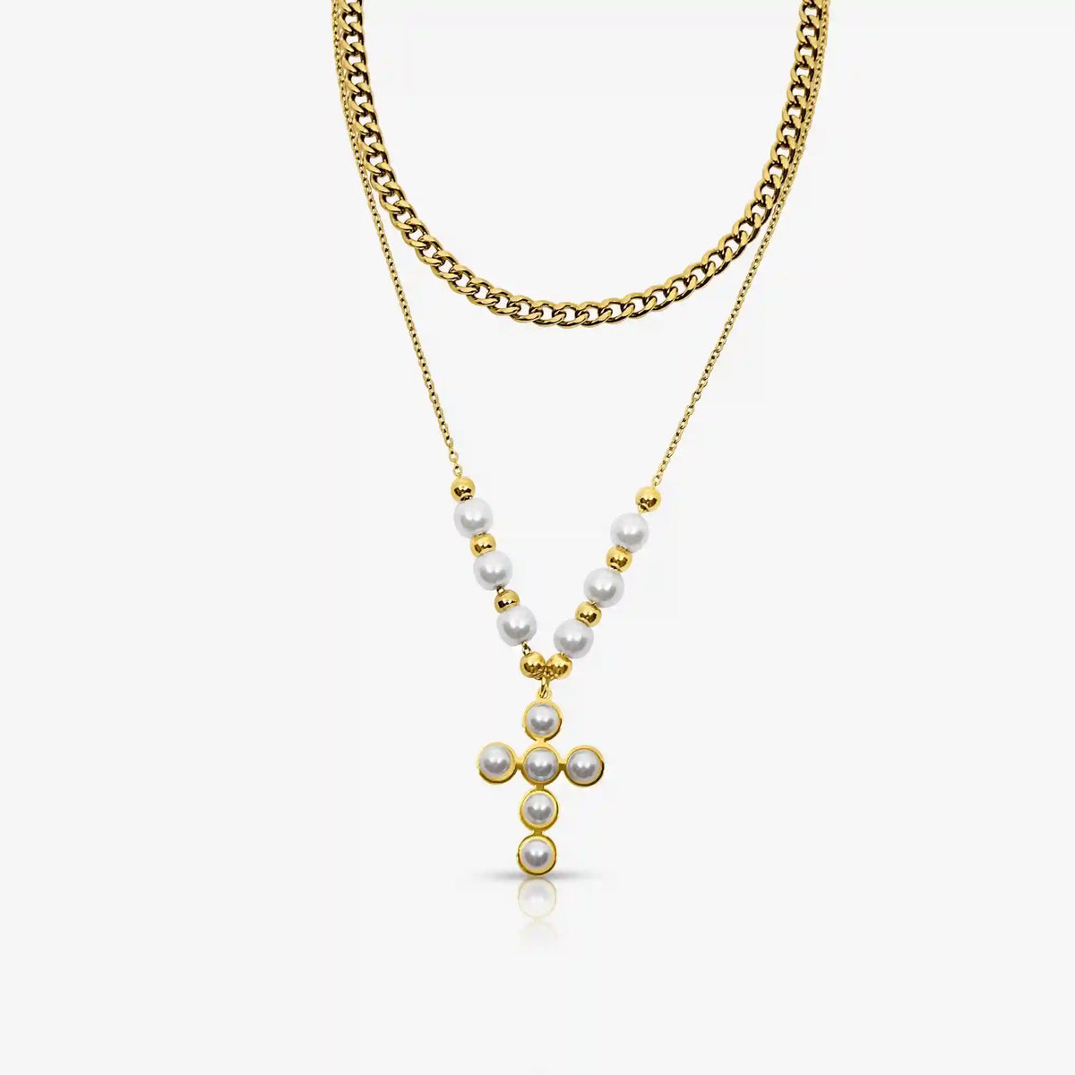 Pearly Blessing  Cross Double Layered Necklace